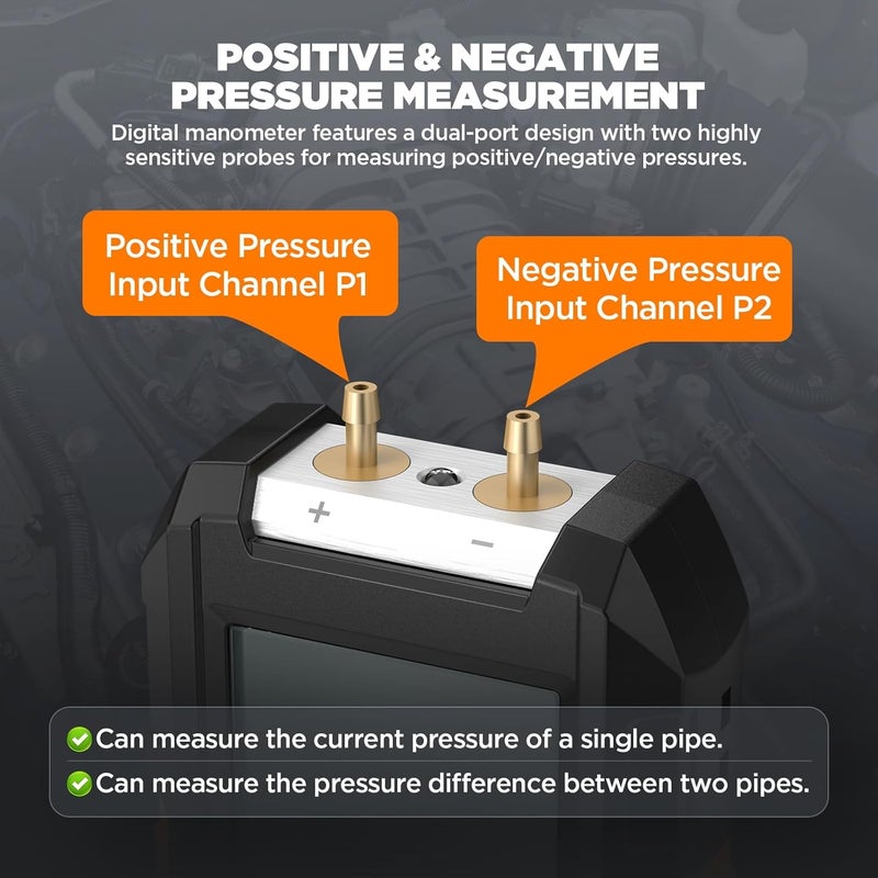 CMTOOL Manometer Gas Pressure Tester, Digital Manometer, -100-200Kpa, 10 Units Differential Pressure Gauge, Max/Min/Data Storage, 2-Port Tester for HVAC/Automotive Brake/Industrial/Lab Calibration - Image 4